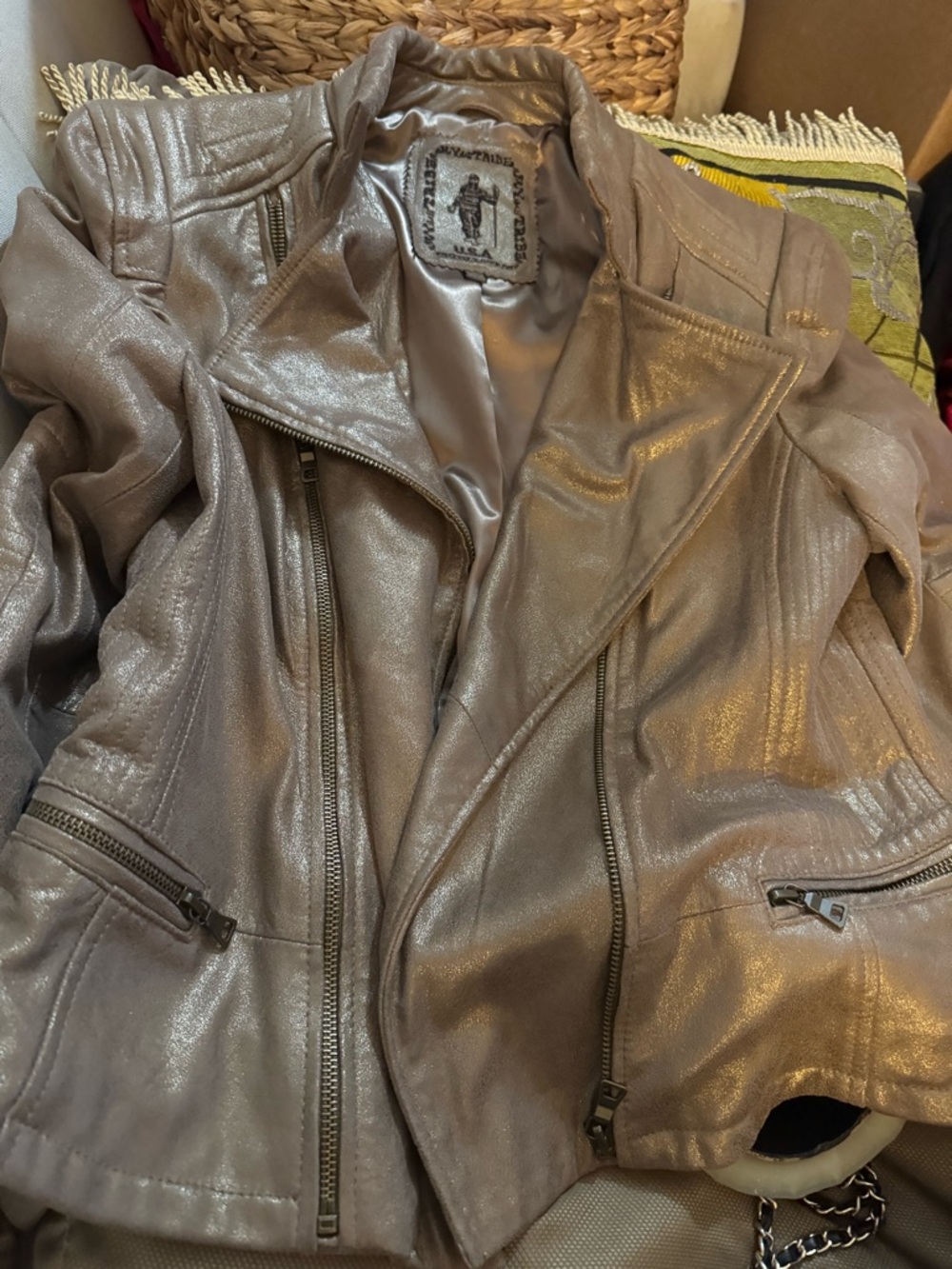 Women's Metallic Taupe Faux Leather Moto Jacket